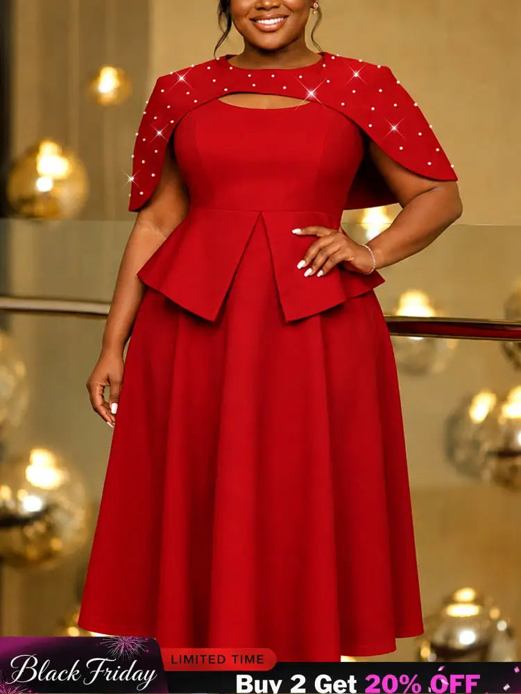 AOMEIDRESS Women Two Piece Set Beaded Cape Peplum A Line Tank Dress - Red / L