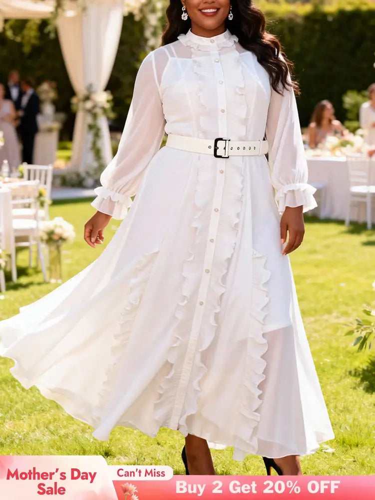 AOMEIDRESS Women Two Piece Set Chiffon Dress Long Sleeve Belt Ruffles - White / L