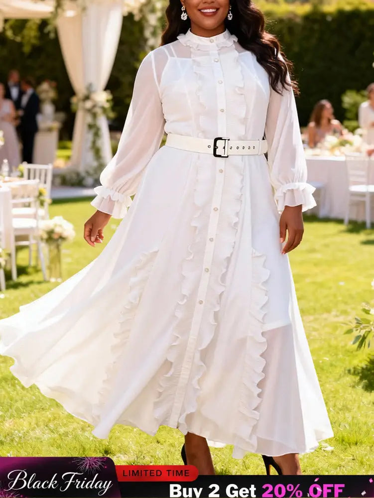 AOMEIDRESS Women Two Piece Set Chiffon Dress Long Sleeve Belt Ruffles - White / L
