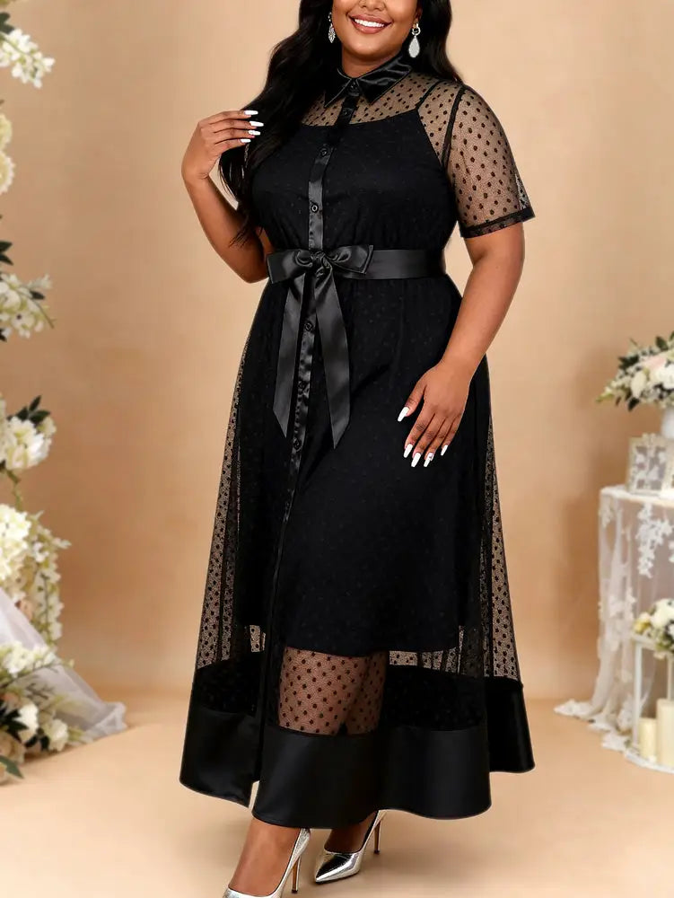 AOMEIDRESS Women Two Piece Set Lapel Puff Sleeve Bow Inner Tank Dress