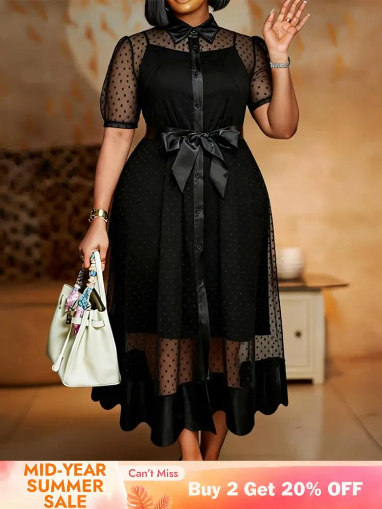 AOMEIDRESS Women Two Piece Set Lapel Puff Sleeve Bow Inner Tank Dress - Black / S