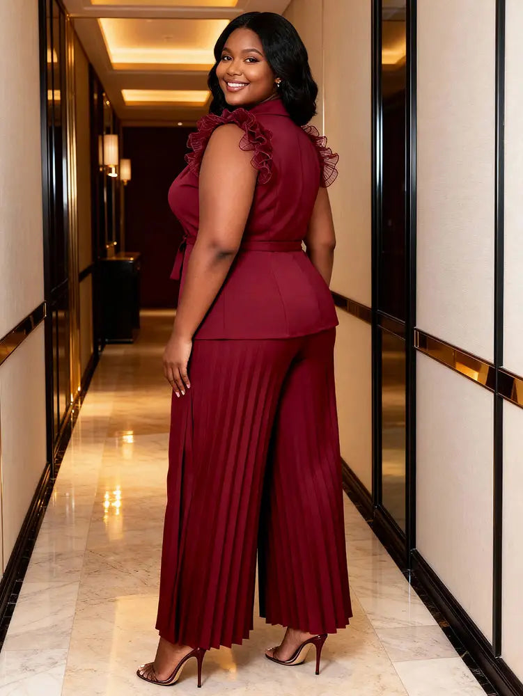 AOMEIDRESS Women Two Piece Set Ruffled Belted Blouse Wide Leg Pants