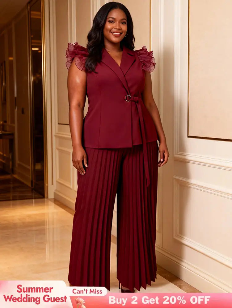 AOMEIDRESS Women Two Piece Set Ruffled Belted Blouse Wide Leg Pants Wine / L