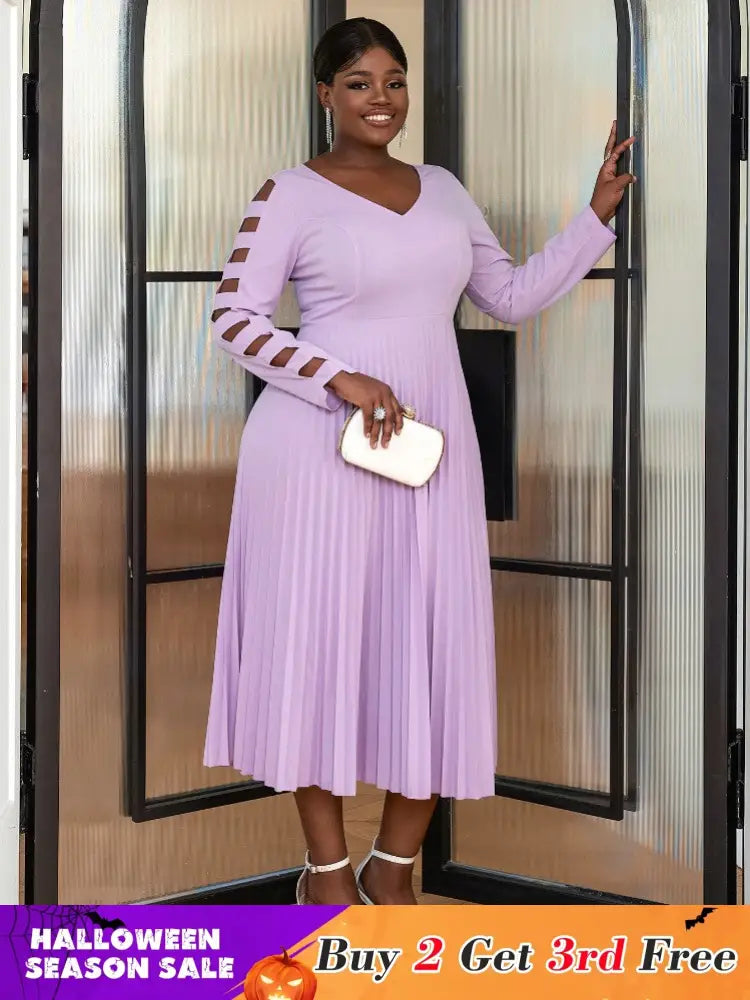 Purple Elegant Party Dress for Women long sleeve pleated dress