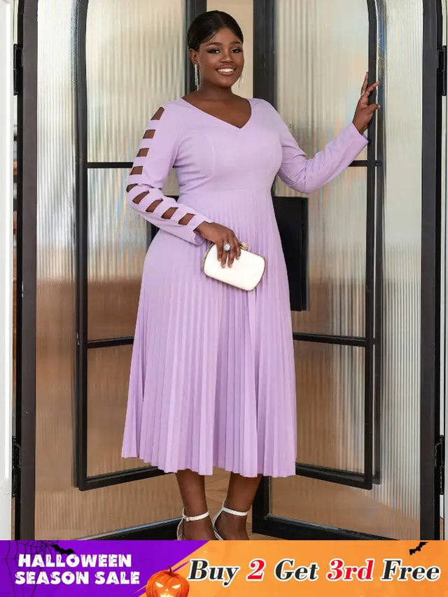 Purple Elegant Party Dress for Women long sleeve pleated dress