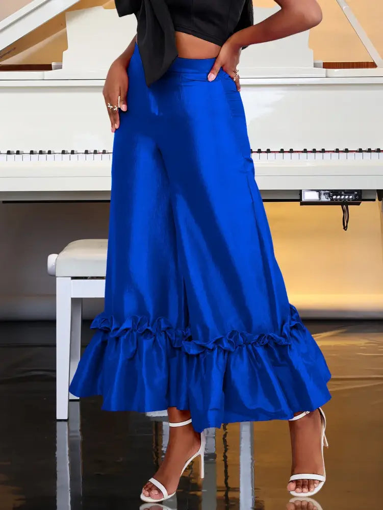 AOMEIDRESS Women‘s Fashion Shiny Pants With Ruffles Decoration Blue / S