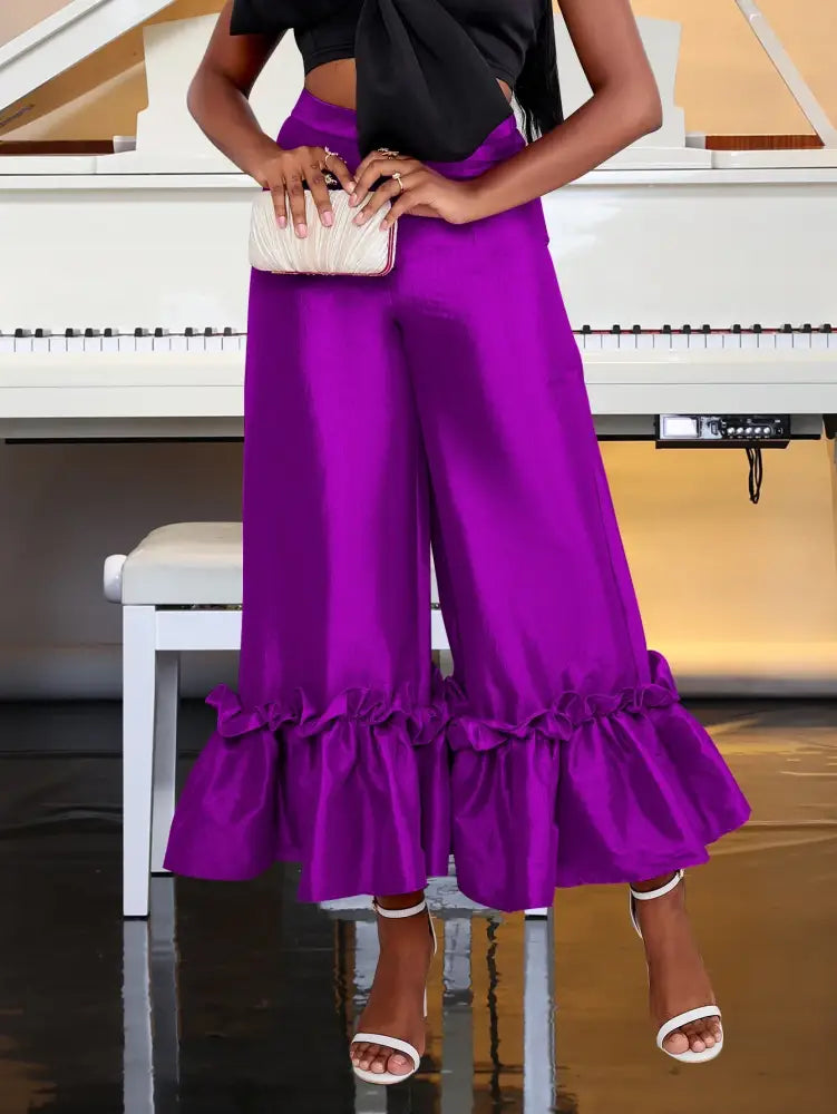 AOMEIDRESS Women‘s Fashion Shiny Pants With Ruffles Decoration Purple / S