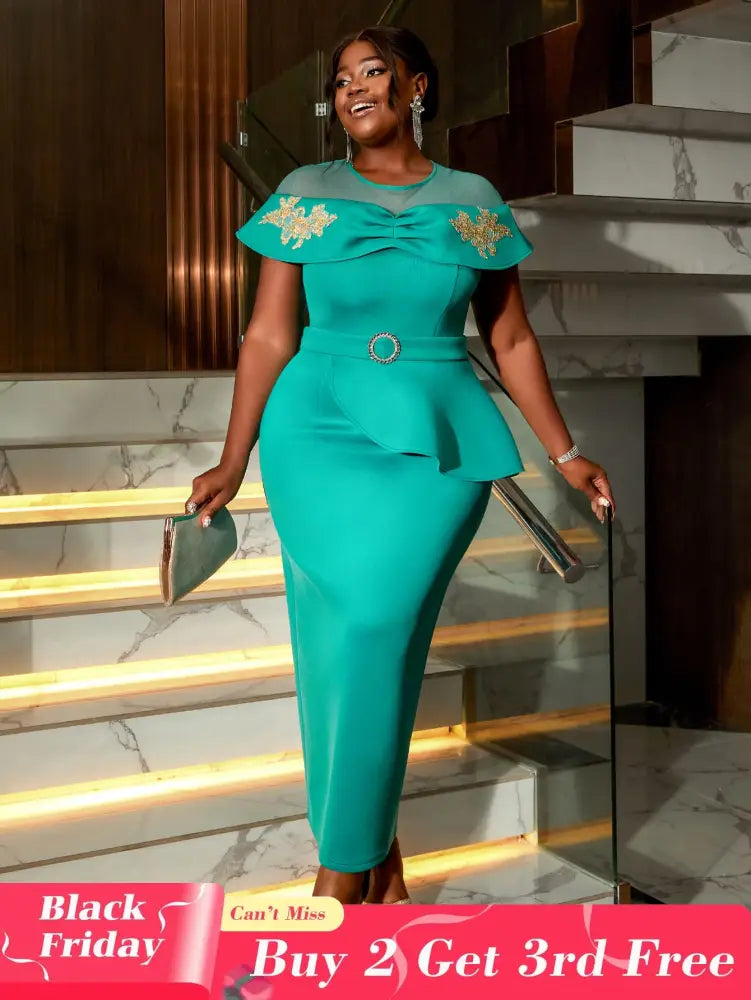 AOMEIDRESS Women’s Mesh Dress Round Neck Open Sleeve Stickers Slimming Green / S