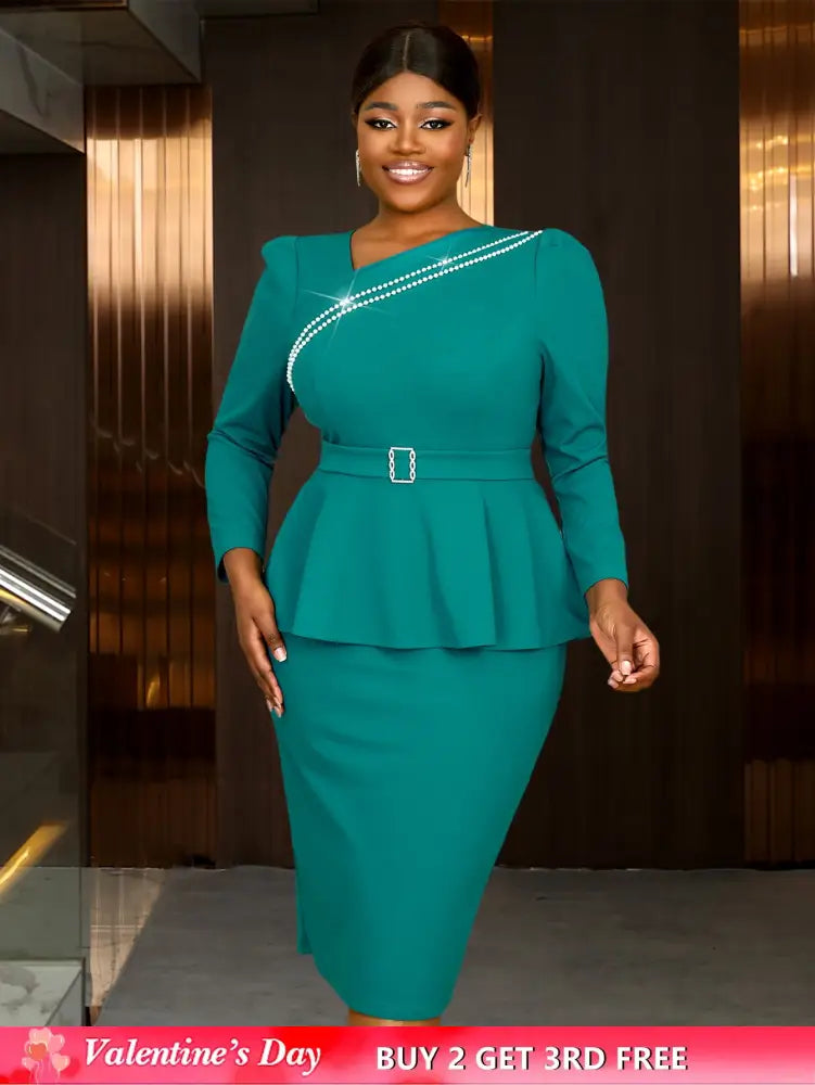 AOMEIDRESS Work Holiday Party Dress Long Sleeve Chain Trim Lake Green Silk