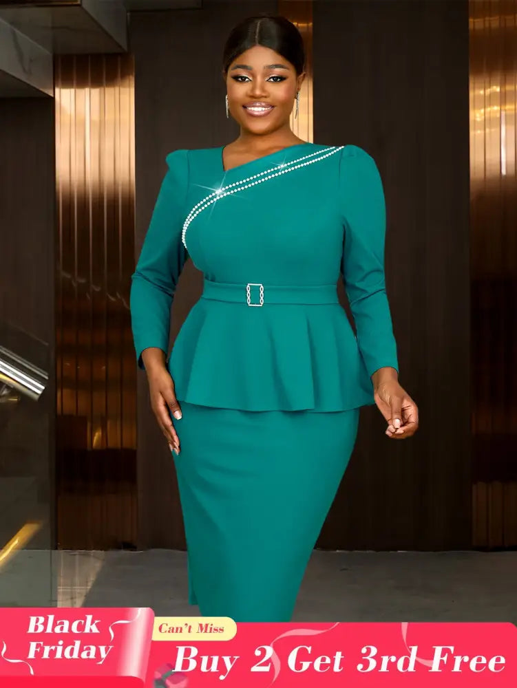 AOMEIDRESS Work Holiday Party Dress Long Sleeve Chain Trim Lake Green Silk