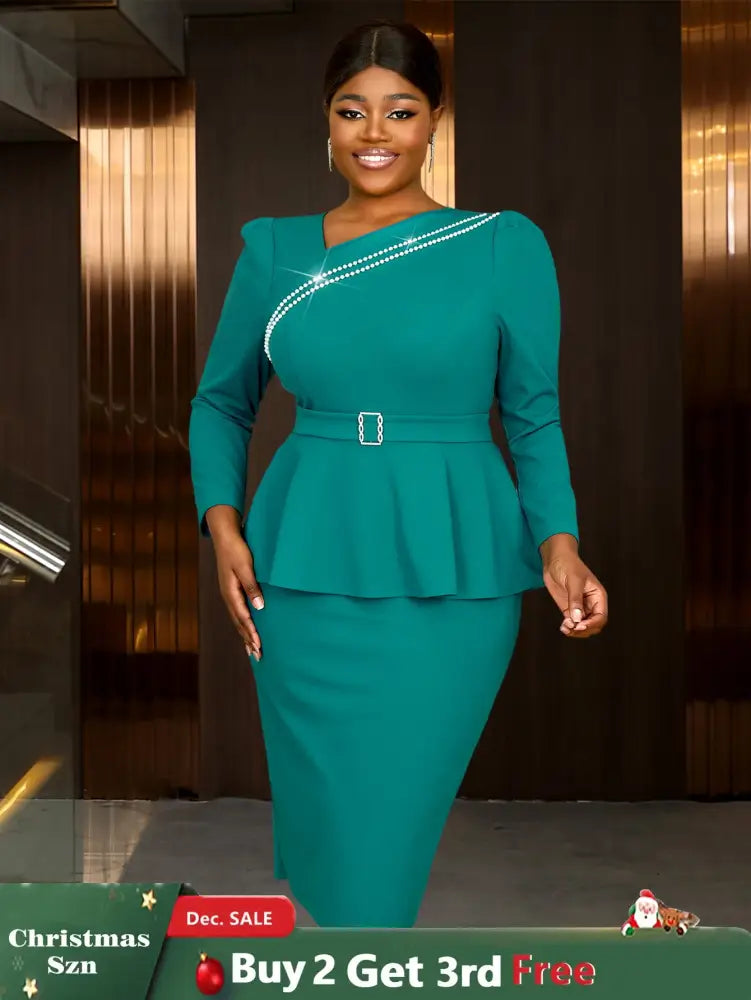 AOMEIDRESS Work Holiday Party Dress Long Sleeve Chain Trim Lake Green Silk