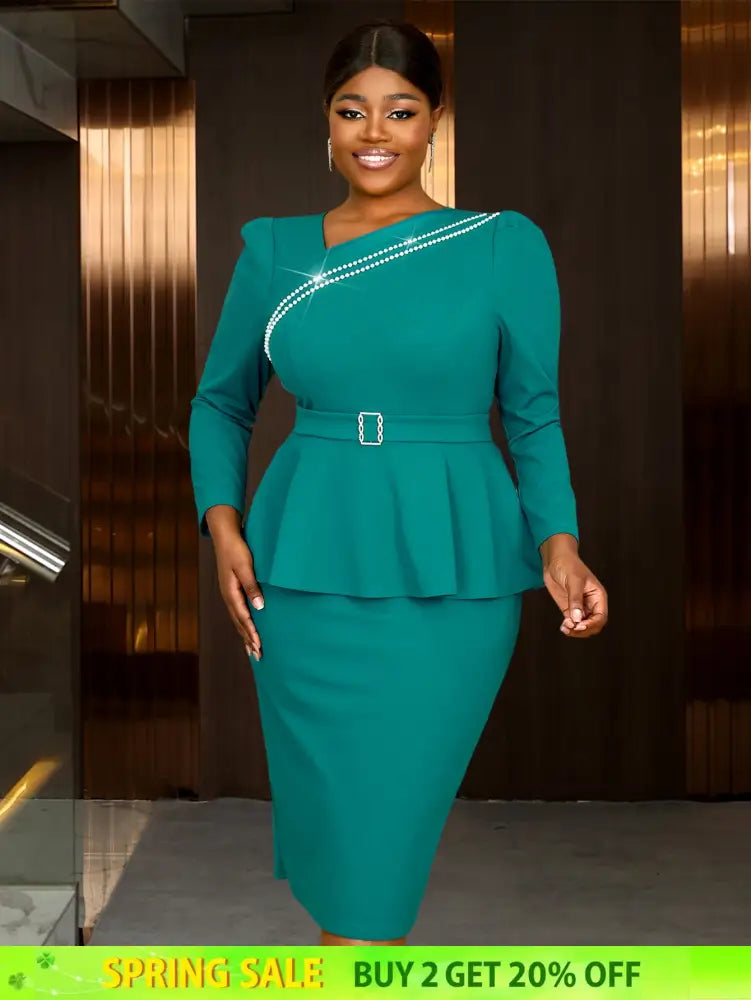 AOMEIDRESS Work Holiday Party Dress Long Sleeve Chain Trim Lake Green Silk