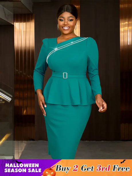 AOMEIDRESS Work Holiday Party Dress Long Sleeve Chain Trim Lake Green Silk
