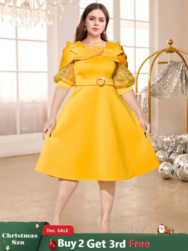 yellow o neck midi dresses for women
