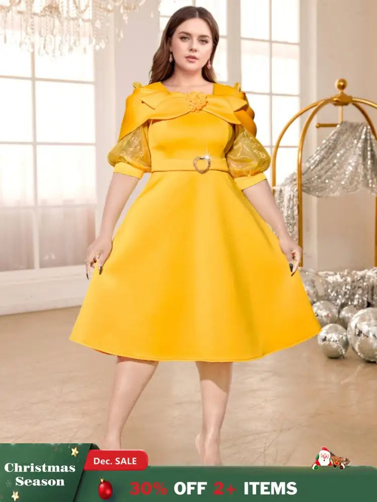 yellow o neck midi dresses for women