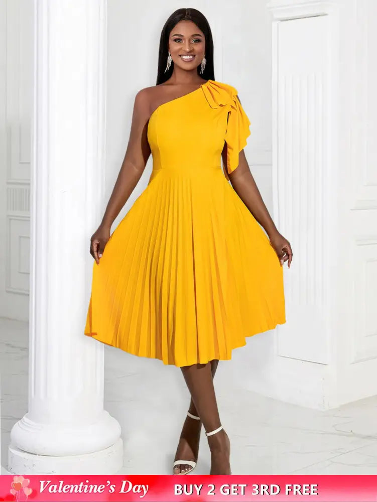 AOMEIDRESS Yellow One Shoulder Ruffle High Waist Pleated A Line Dress