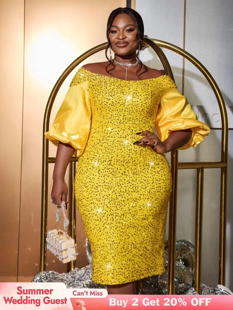 AOMEIDRESS Yellow Sequins Dress Off Shoulder Patchwork Lantern Sleeve Yellow / S