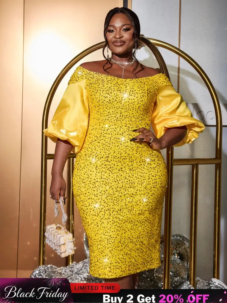 AOMEIDRESS Yellow Sequins Dress Off Shoulder Patchwork Lantern Sleeve Yellow / S