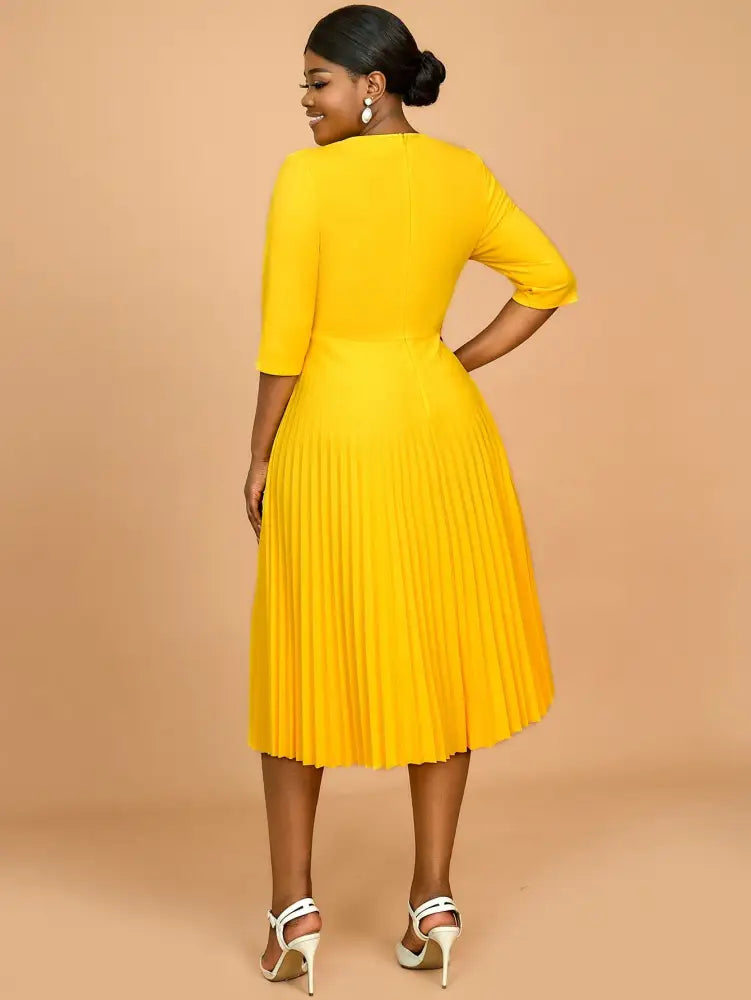 AOMEIDRESS Yellow Wedding Guest Dress Round Neck Pleated A Line