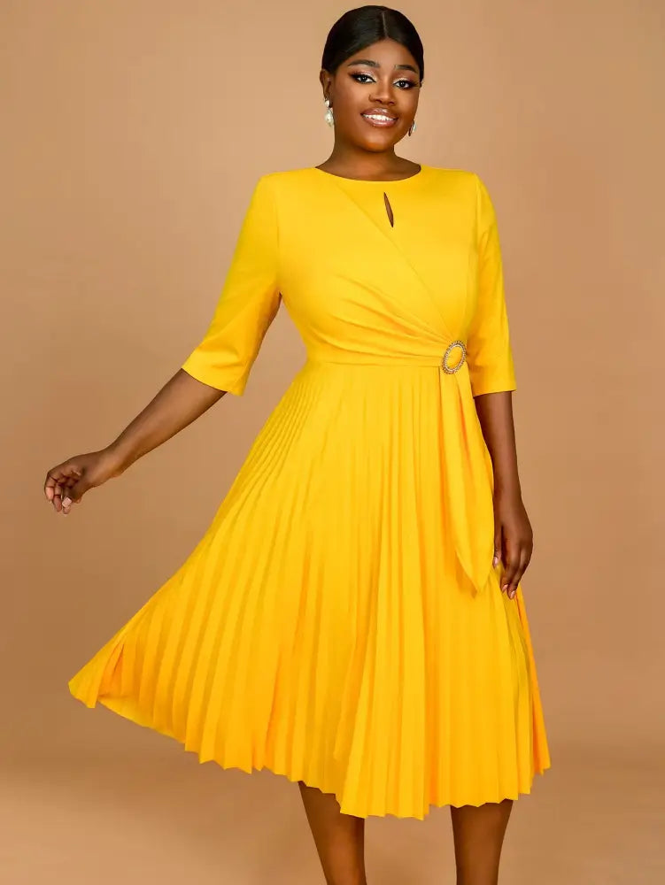 AOMEIDRESS Yellow Wedding Guest Dress Round Neck Pleated A Line