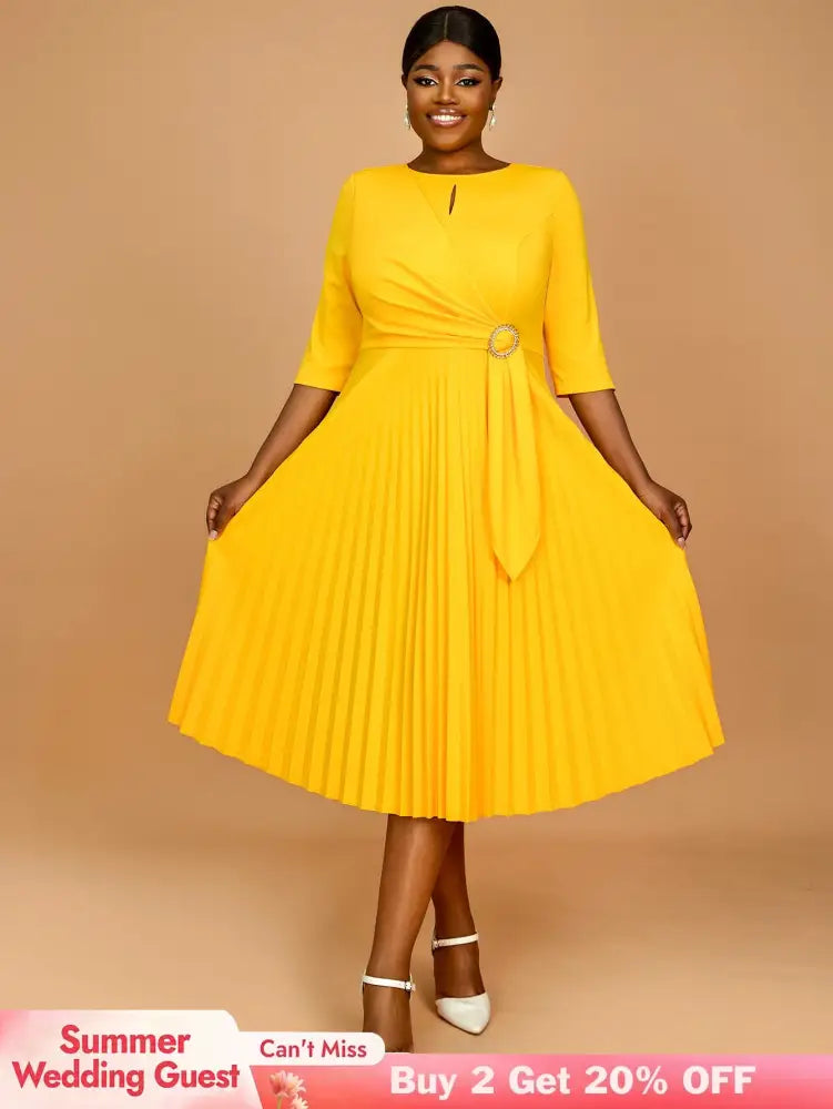 AOMEIDRESS Yellow Wedding Guest Dress Round Neck Pleated A Line S / Yellow