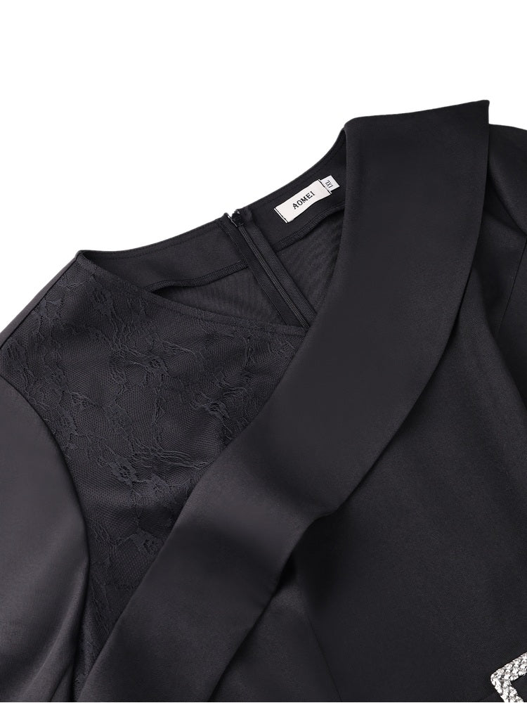 AOMEIDRESS Lace Dress Notched 3/4 Sleeve Rhinestone Waist Pleated