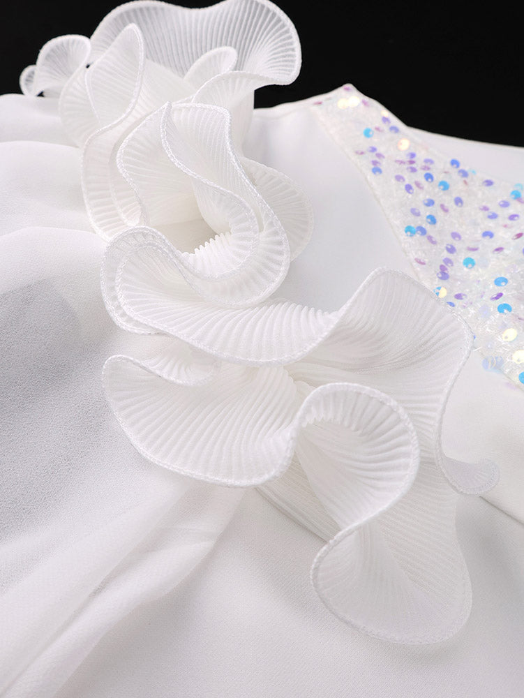 AOMEIDRESS Bodycon Dress O Neck Sheer Lantern Sleeve Sequin Patchwork