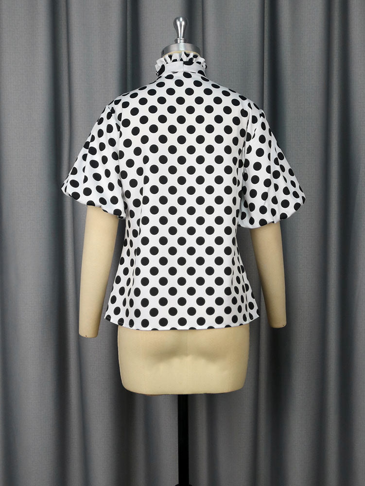 AOMEIDRESS Elegant Polka Dot Causal Blouse Bow Neck Short Sleeves
