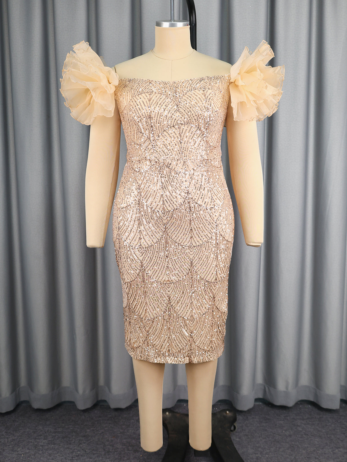 AOMEIDRESS Shiny Sequins Wedding Guest Dresses Slash Neck 3D Ruffles