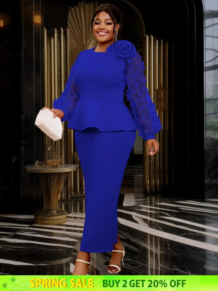 Blue Maxi Dress O Neck Sheer Lantern Sleeve with 3D Flower Blue / S