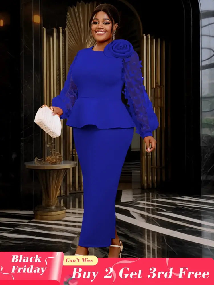 Blue Maxi Dress O Neck Sheer Lantern Sleeve with 3D Flower Blue / S