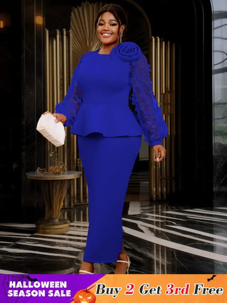 Blue Maxi Dress O Neck Sheer Lantern Sleeve with 3D Flower Blue / S