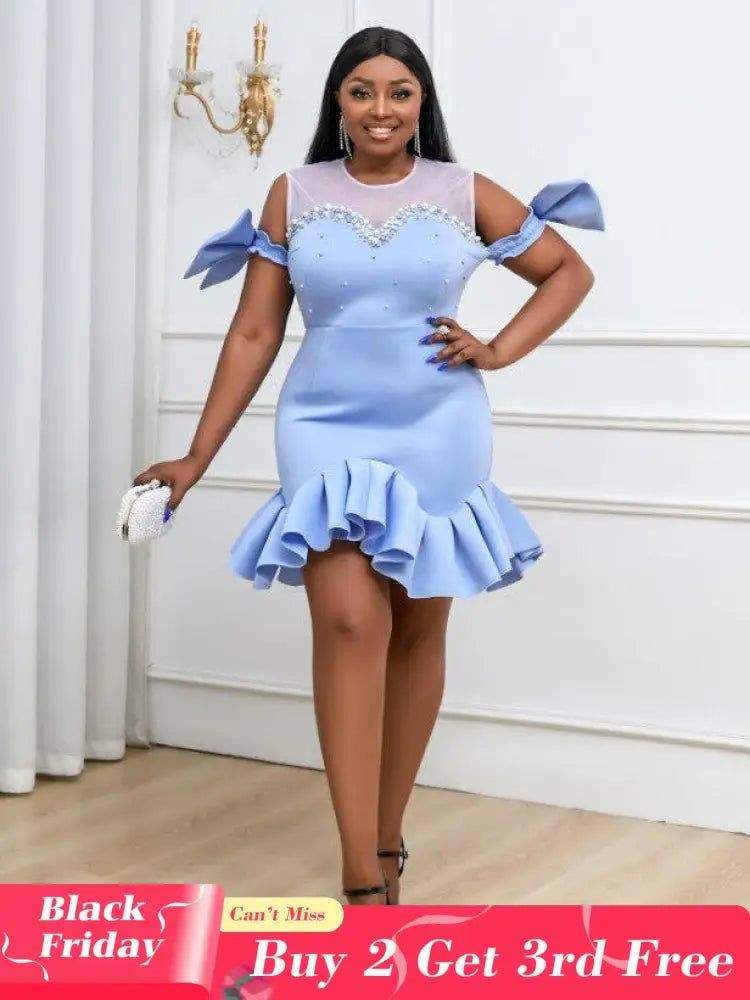 Blue Ruffles Beads Bowtie Party Dress Mini Blue / S dress