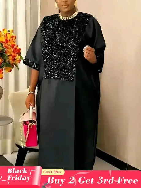 Bubu Kaftan Dress for Church African Women Shiny Sequined Traditional Africa Clothing Black / One Size