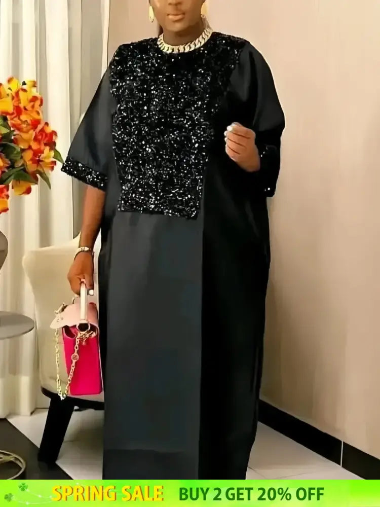 Bubu Kaftan Dress for Church African Women Shiny Sequined Traditional Africa Clothing Black / One Size