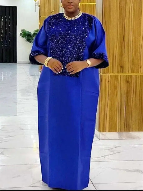 Bubu Kaftan Dress for Church African Women Shiny Sequined Traditional Africa Clothing Blue / One Size