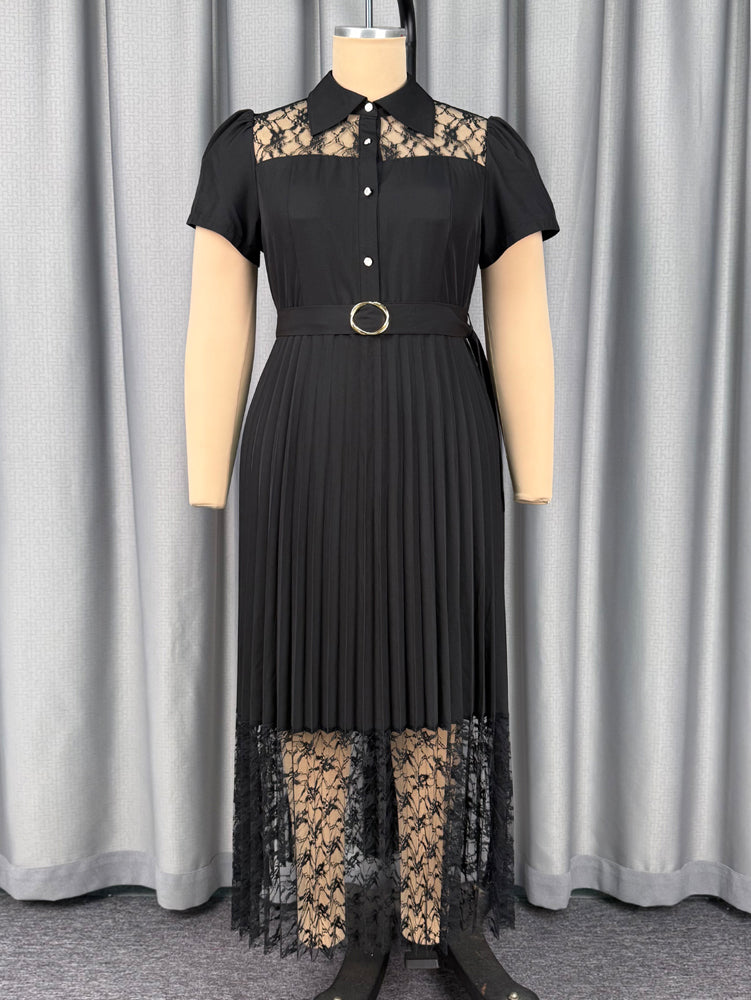 AOMEIDRESS Women A Line Dress Sheer Lapel Collar Pleated Lace Button