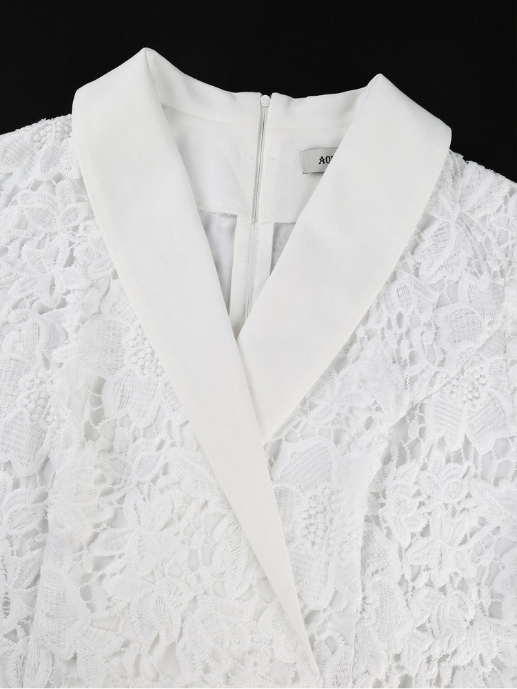 AOMEIDRESS Chic Lace Fishtail Dress Notched Lapel Short Sleeve Belted
