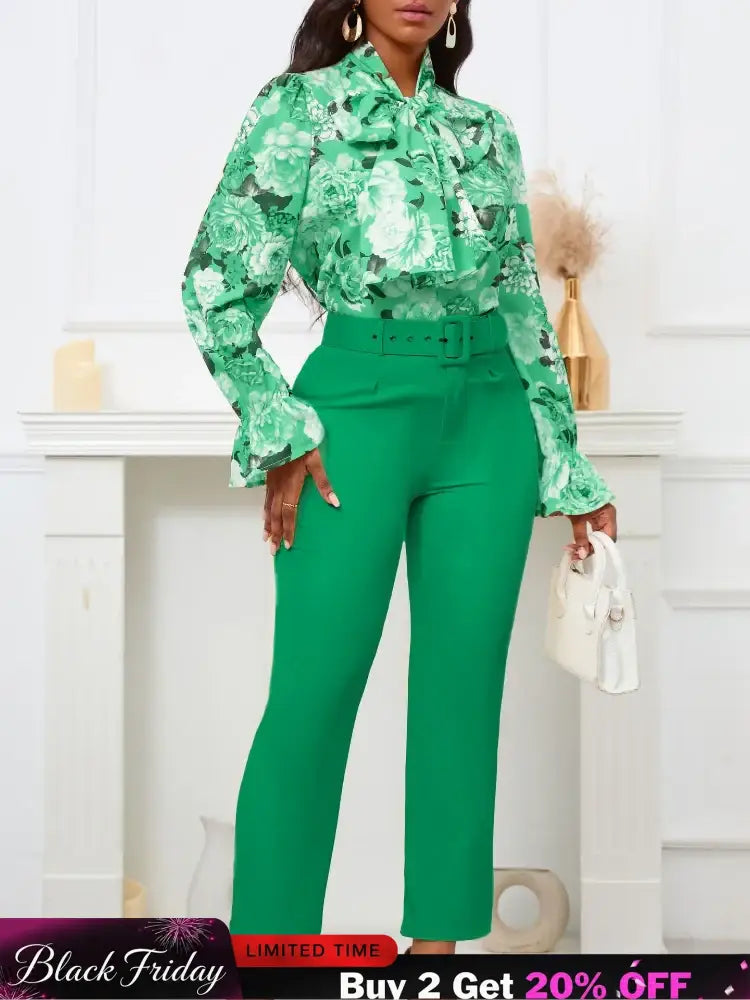 Chic Elegant Women Two Pieces Set Lace Up Bow Long Sleeve Printed Blouse Pants Green / S