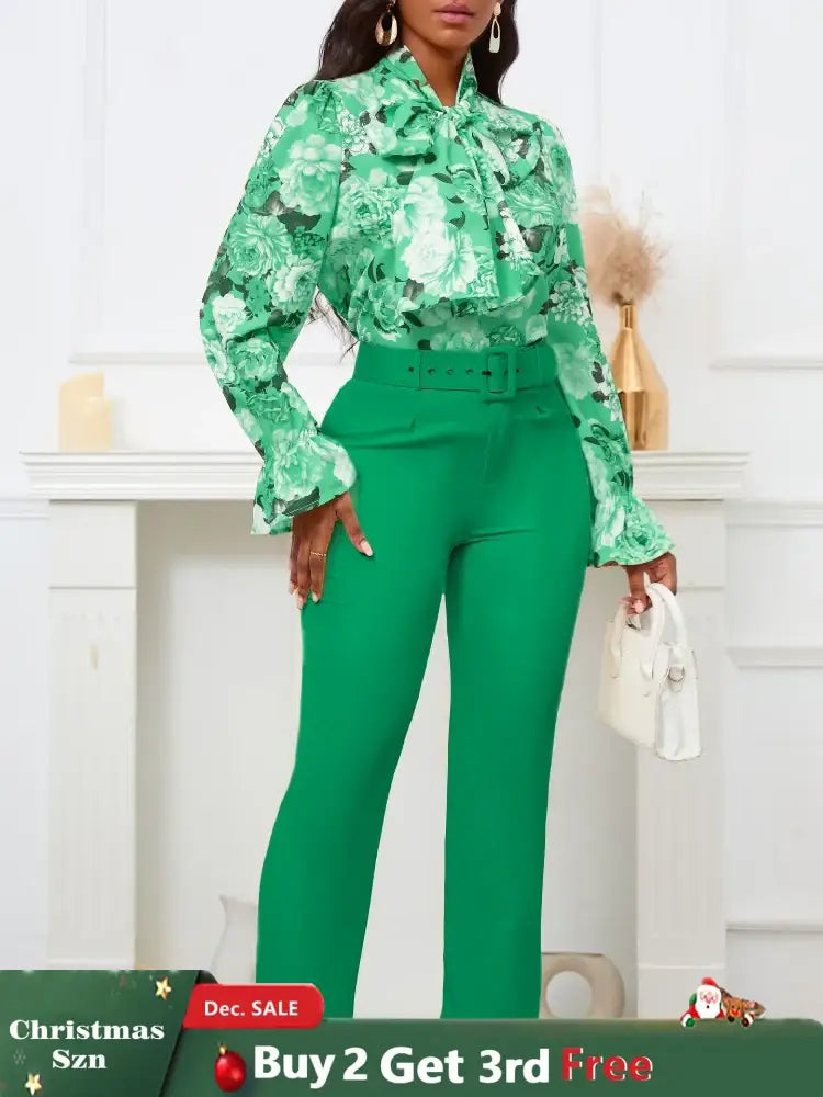 Chic Elegant Women Two Pieces Set Lace Up Bow Long Sleeve Printed Blouse Pants Green / S