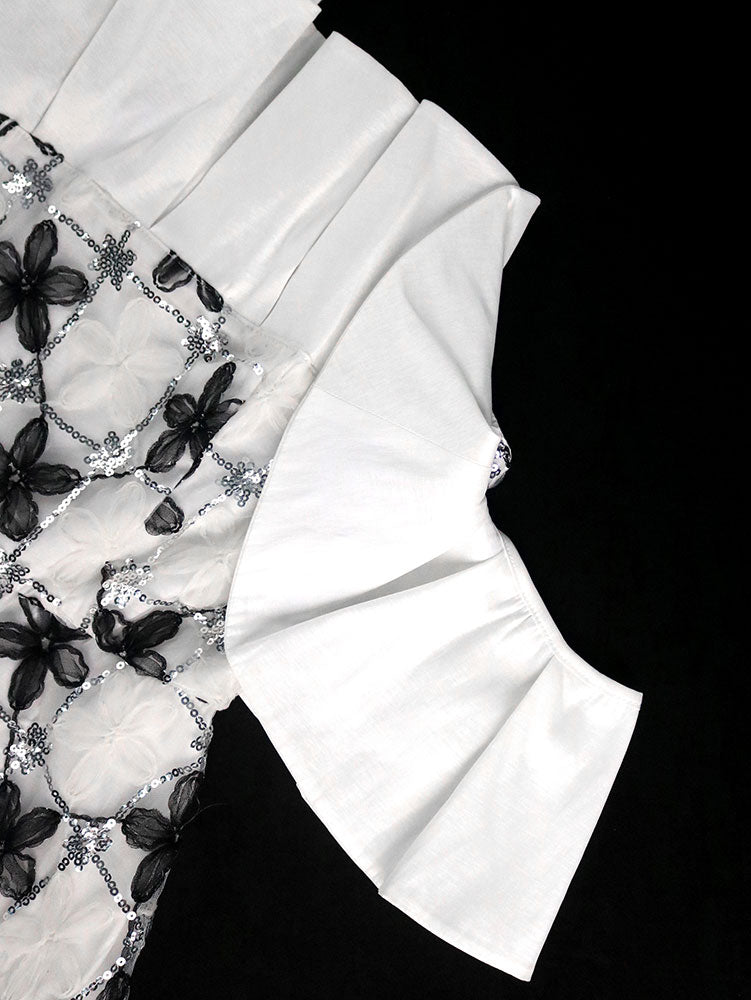 AOMEIDRESS Elegant Off Shoulder Dress Ruffle Neck Mesh Sequin Overlay