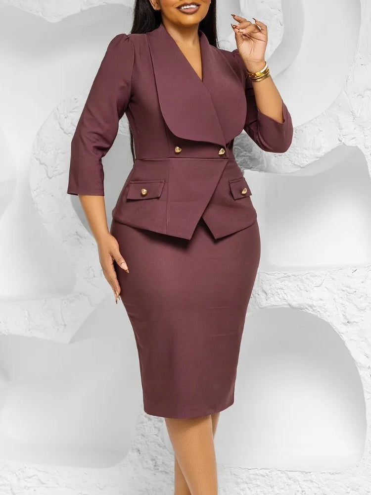 Elegant African Women Church Dresses Lapel Collar Three Quarter Sleeve
