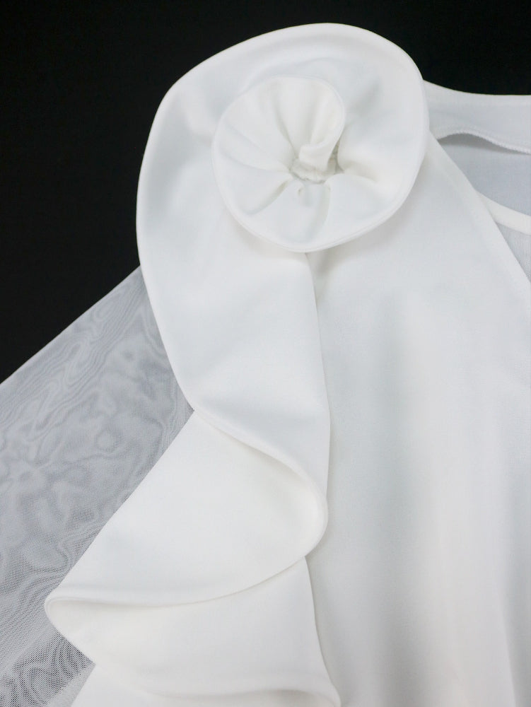 AOMEIDRESS Pleated Dress O Neck Ruffles Flower Tulle Sleeve Patchwork