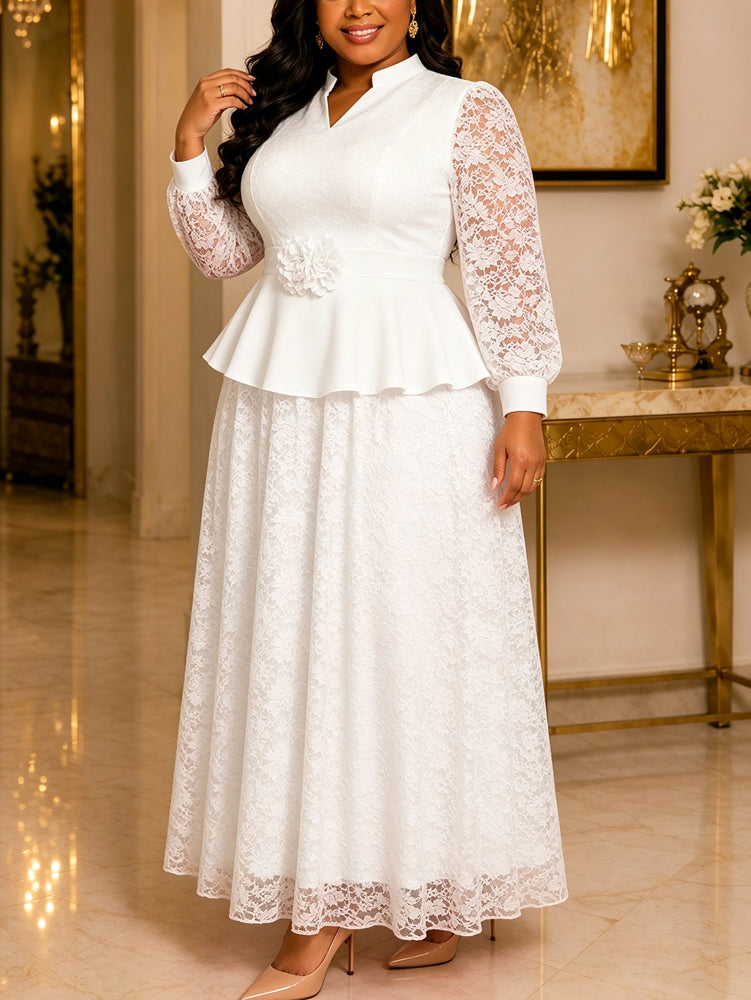 AOMEIDRESS Plus Size Church Two Piece Set Peplum Top with Lace Skirt