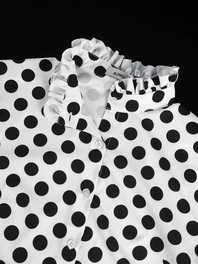 AOMEIDRESS Elegant Polka Dot Causal Blouse Bow Neck Short Sleeves