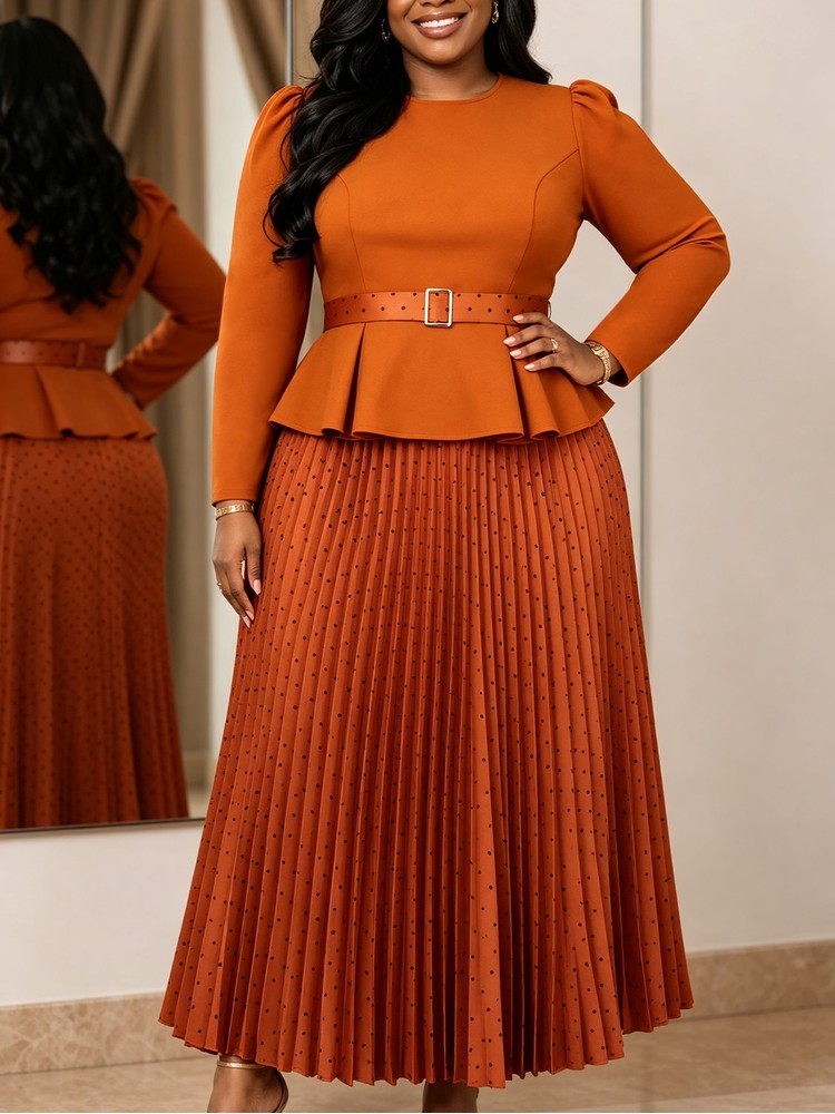 AOMEIDRESS Two Piece Set O Neck Long Sleeves Belt Top Pleated Skirt