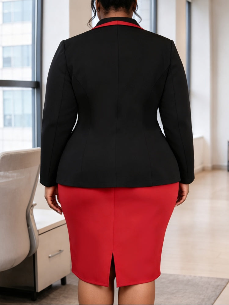 AOMEIDRESS Colorblock Set Notch Lapel Long Sleeve Blazer Pencil Skirt