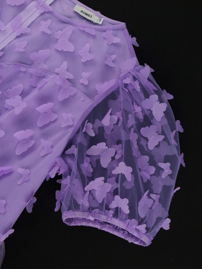 AOMEIDRESS Lavender A Line Dresses O Neck Short Puff Sleeve