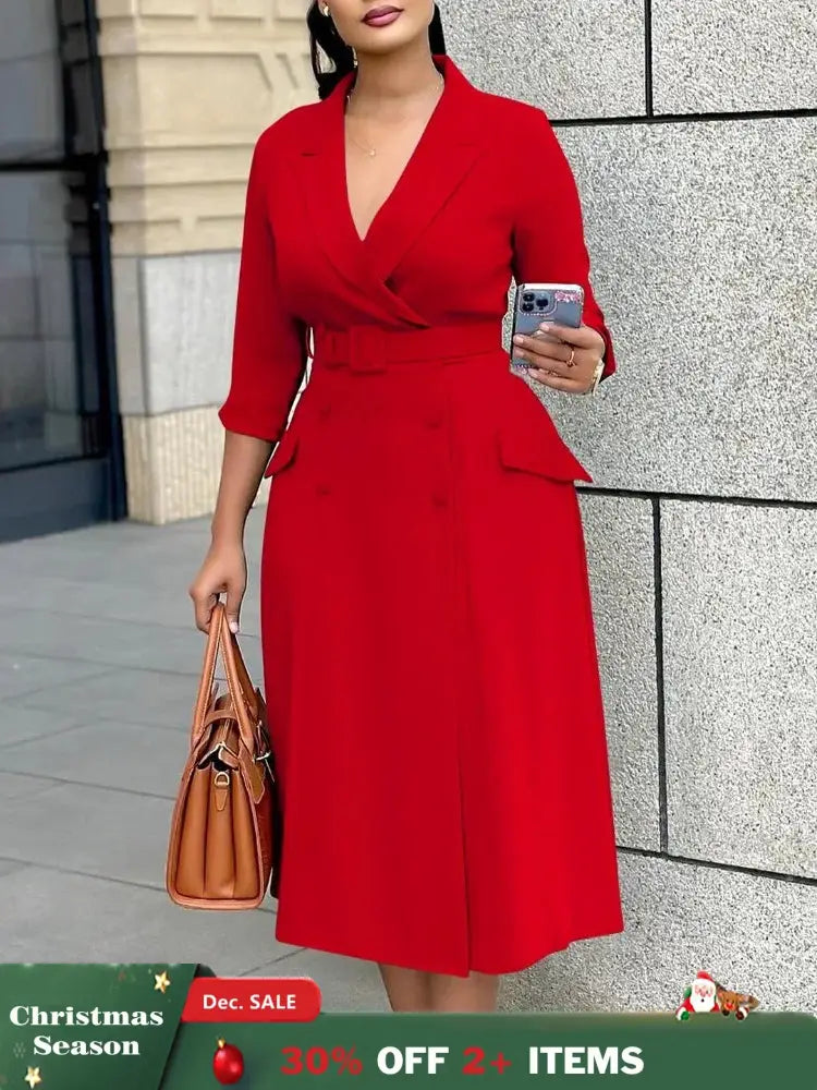 Elegant A Line Blazer Dress Notched Lapel Three Quarter Sleeves with Belted