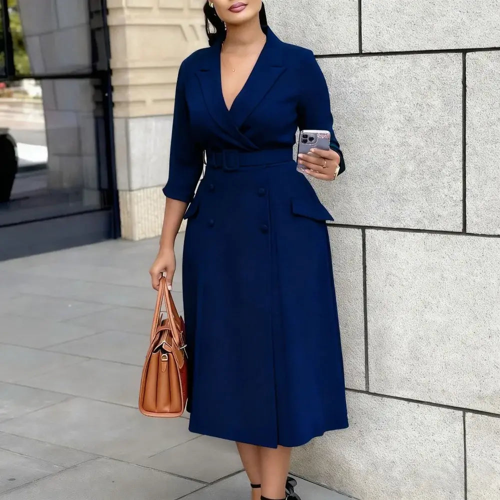Elegant A Line Blazer Dress Notched Lapel Three Quarter Sleeves with Belted Navy Blue( AE existing skus) / S